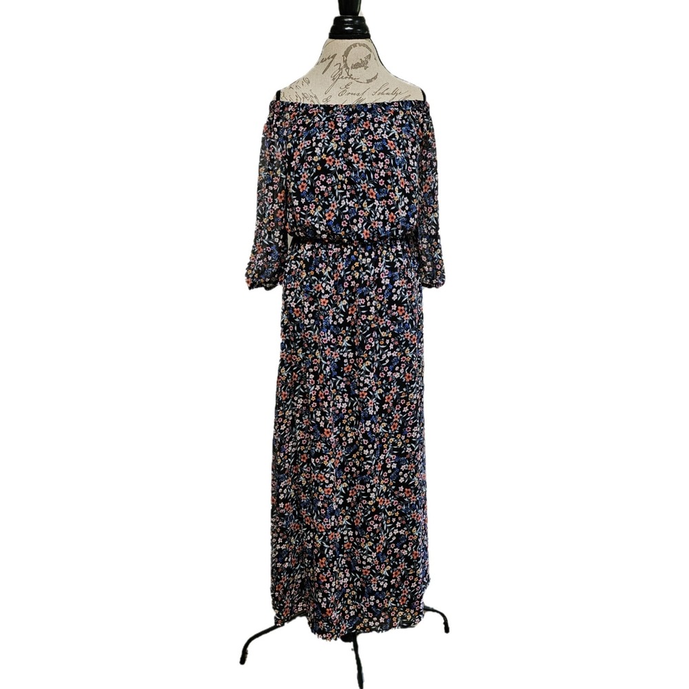 Tacera Off Shoulder Black Floral Sheer Sleeve Flowy Maxi Dress Size PL Witchy